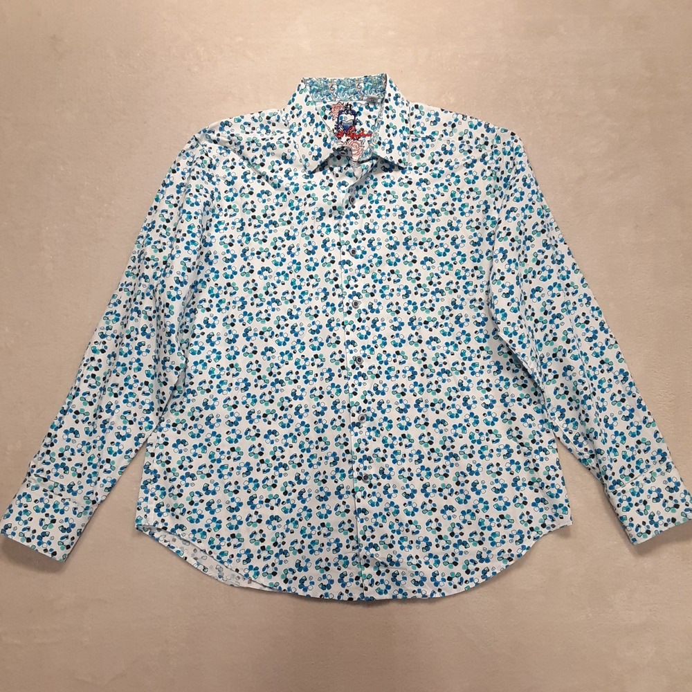 Robert Graham Mens LS Blue Abstract Floral Dot Button Shirt M Classic Fit White